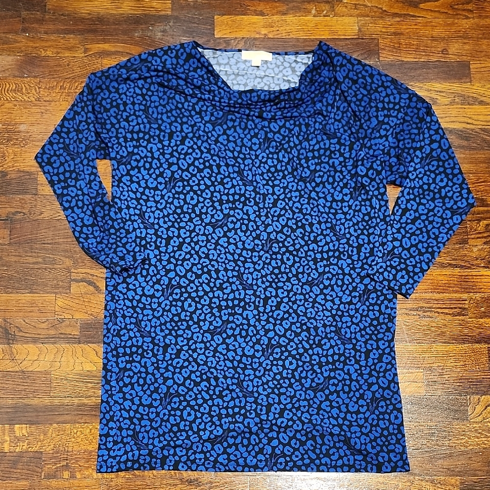 Michael Kors Lightweight Blue Black Animal Print Jersey Knit 3/4 Sleeve Dress 1X